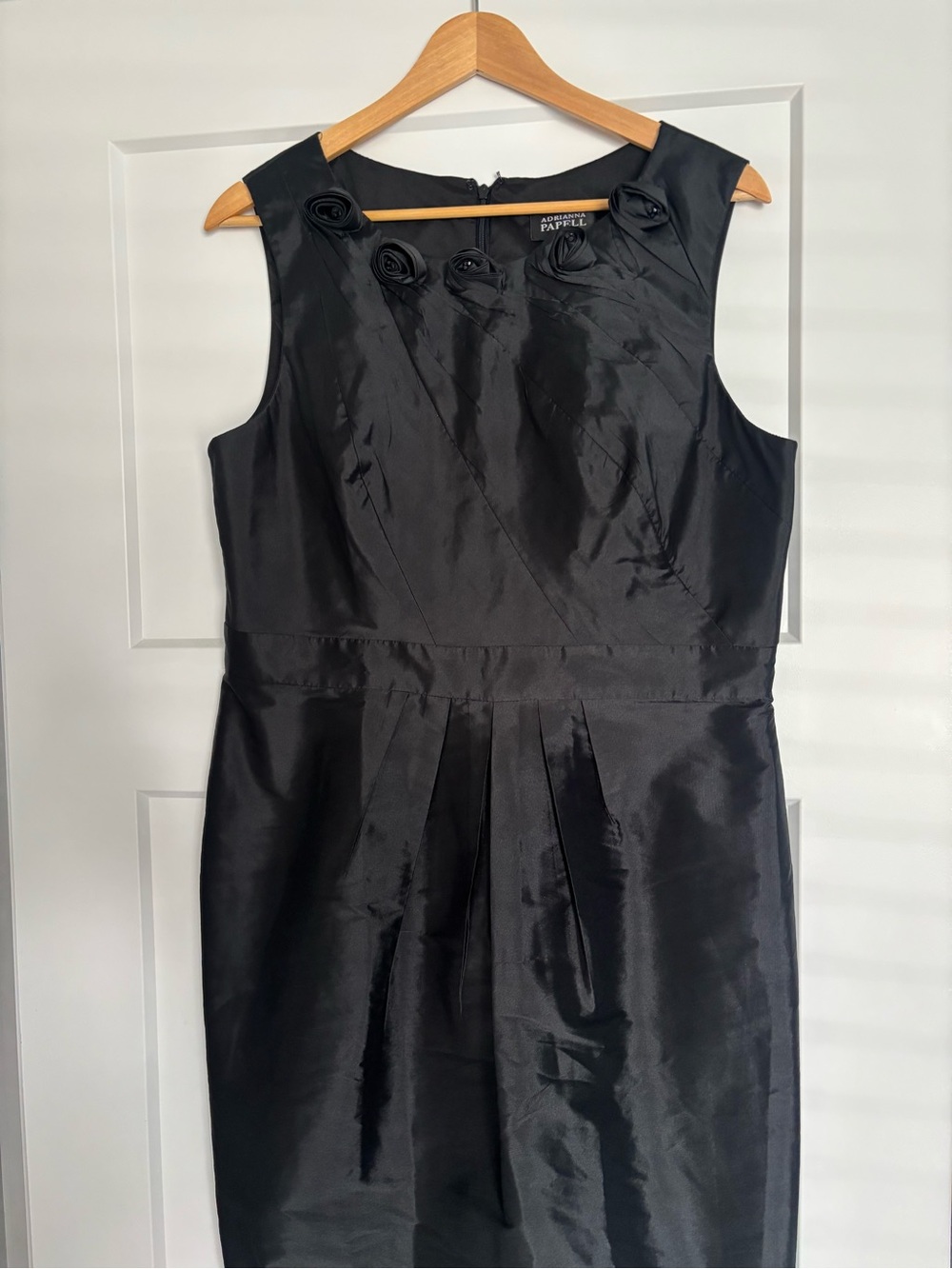 Adrianna Papell Black Sleeveless Sheath Dress with Rosette Accents